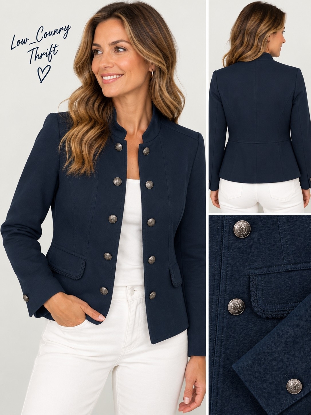 Talbots Plus Petite 14WP Navy Stand Collar Jacket Metallic Button Front